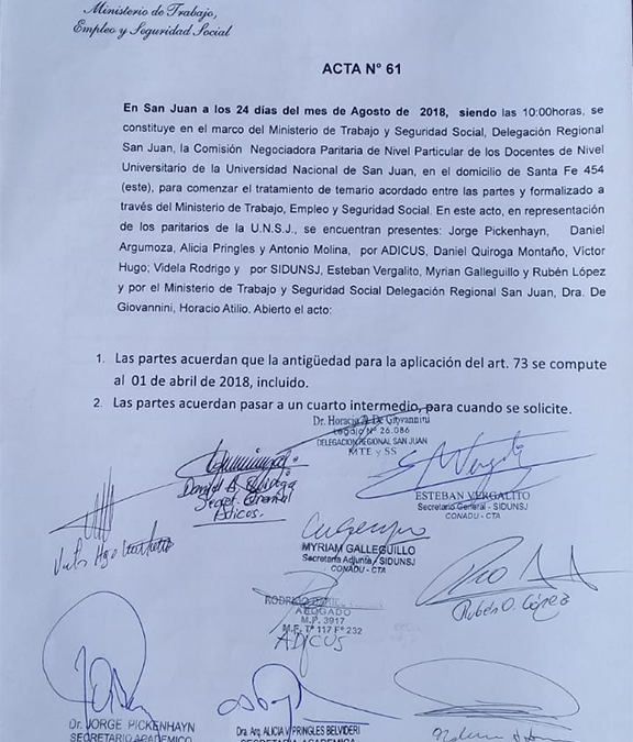 SiDUNSJ firmó la actualización de la fecha de aplicación del Art. 73