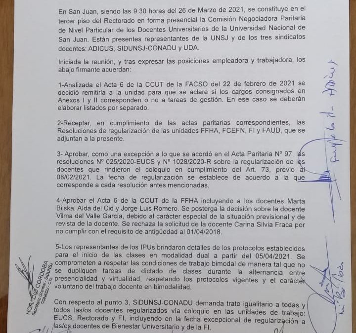 PARITARIA LOCAL: AVANCES EN PROCESO DE REGULARIZACIÓN Y DEMANDAS DE SiDUNSJ-CONADU SOBRE TRABAJO EN PANDEMIA, CARRERA DOCENTE Y PRESUPUESTO UNIVERSITARIO
