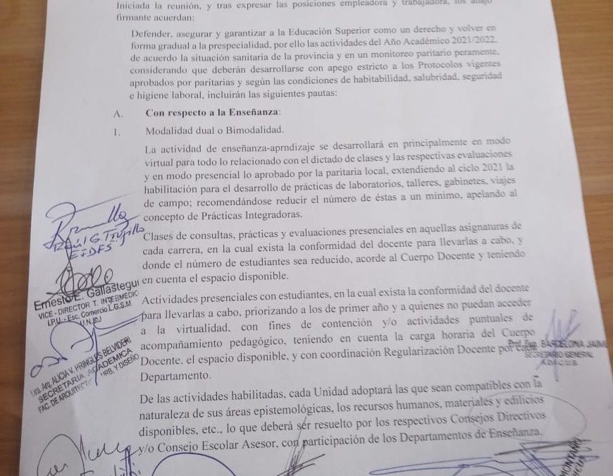 LA PARITARIA LOCAL DEFINIÓ NUEVAS PAUTAS PARA LA PRESENCIALIDAD CUIDADA DURANTE EL CICLO LECTIVO 2021