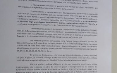 PRESENTACIÓN FORMAL AL RECTOR DE LA UNSJ ANTE INTENTO DE VIOLACIÓN DE DERECHOS POLÍTICOS DE DOCENTES REGULARIZADOS EN PARITARIA LOCAL