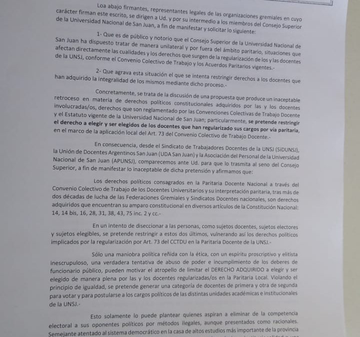 PRESENTACIÓN FORMAL AL RECTOR DE LA UNSJ ANTE INTENTO DE VIOLACIÓN DE DERECHOS POLÍTICOS DE DOCENTES REGULARIZADOS EN PARITARIA LOCAL