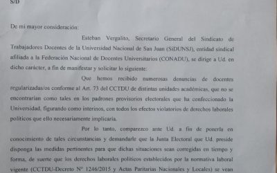SiDUNSJ RECLAMÓ A LA JUNTA ELECTORAL DE LA UNSJ QUE SE GARANTICEN LOS DERECHOS POLÍTICOS DE DOCENTES REGULARIZADAS/OS POR ART. 73