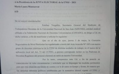 SIDUNSJ SOLICITÓ A LA JUNTA ELECTORAL LA INCLUSIÓN DE DOCENTES REGULARIZADOS/AS EN EL PADRÓN ELECTORAL