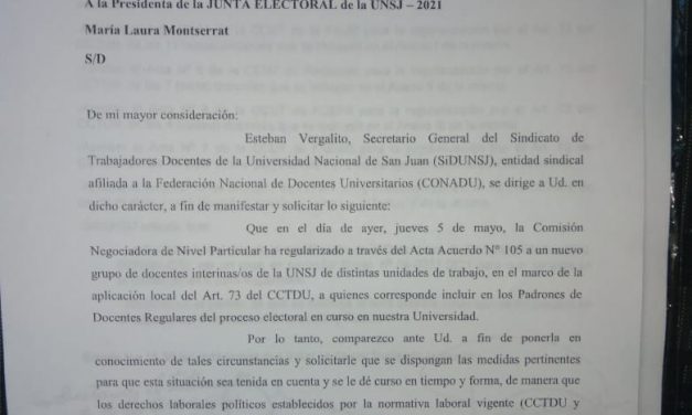 SIDUNSJ SOLICITÓ A LA JUNTA ELECTORAL LA INCLUSIÓN DE DOCENTES REGULARIZADOS/AS EN EL PADRÓN ELECTORAL