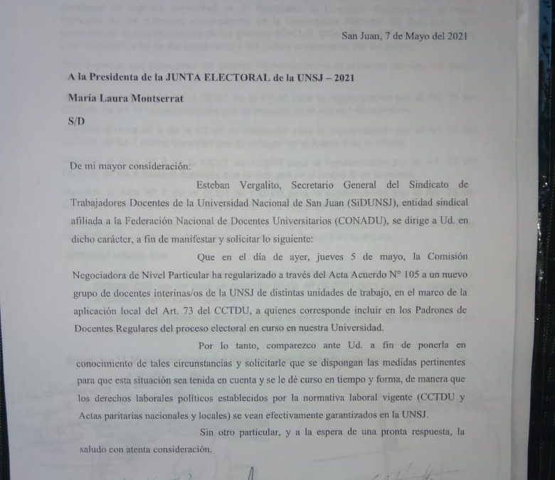 SIDUNSJ SOLICITÓ A LA JUNTA ELECTORAL LA INCLUSIÓN DE DOCENTES REGULARIZADOS/AS EN EL PADRÓN ELECTORAL