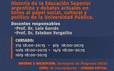 ATENCIÓN DOCENTES DE LA UNSJ: INSCRIPCIÓN ABIERTA PARA EL SEMINARIO DE POSGRADO GRATUITO “HISTORIA DE LA EDUCACIÓN SUPERIOR ARGENTINA Y DEBATES ACTUALES EN TORNO AL PAPEL SOCIAL, CULTURAL Y POLÍTICO DE LA UNIVERSIDAD PÚBLICA”