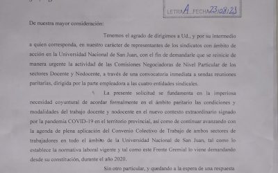 EL FRENTE GREMIAL DE LA UNSJ DEMANDÓ URGENTE CONVOCATORIA A PARITARIAS