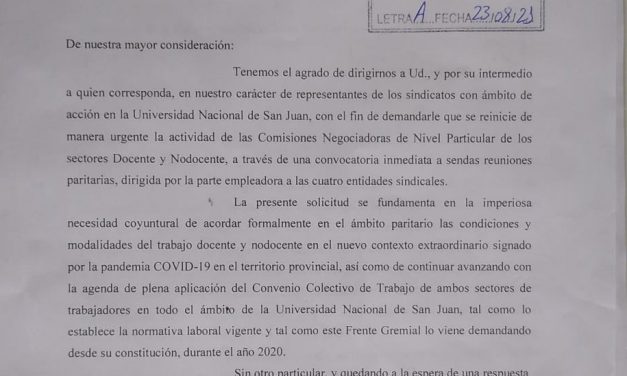 EL FRENTE GREMIAL DE LA UNSJ DEMANDÓ URGENTE CONVOCATORIA A PARITARIAS