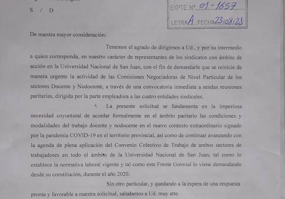 EL FRENTE GREMIAL DE LA UNSJ DEMANDÓ URGENTE CONVOCATORIA A PARITARIAS