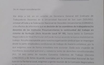 LAS ASAMBLEAS DE TRABAJADORES/AS DOCENTES DE LOS COLEGIOS PREUNIVERSITARIOS RESOLVIERON SEGUIR TRABAJANDO EN BURBUJAS Y SiDUNSJ DEMANDA A LA UNSJ URGENTE REUNIÓN DE LA PARITARIA LOCAL