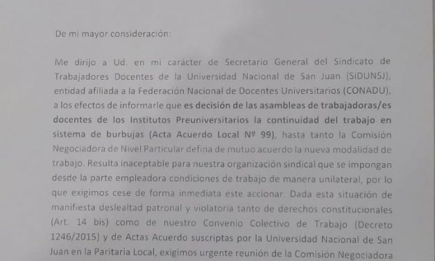 LAS ASAMBLEAS DE TRABAJADORES/AS DOCENTES DE LOS COLEGIOS PREUNIVERSITARIOS RESOLVIERON SEGUIR TRABAJANDO EN BURBUJAS Y SiDUNSJ DEMANDA A LA UNSJ URGENTE REUNIÓN DE LA PARITARIA LOCAL