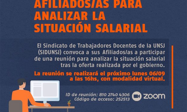 SIDUNSJ CONVOCA A REUNIÓN VIRTUAL DE AFILIADOS/AS PARA ANALIZAR LA SITUACIÓN SALARIAL