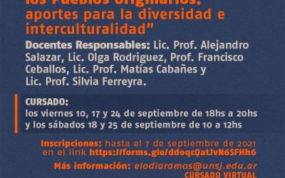 ATENCIÓN DOCENTES DE LA UNSJ: INSCRIPCIÓN ABIERTA PARA EL CURSO GRATUITO «PROBLEMÁTICAS ACTUALES DE LOS PUEBLOS ORIGINARIOS: APORTES PARA LA DIVERSIDAD E INTERCULTURALIDAD»