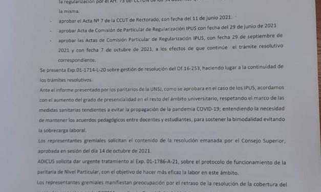 PARITARIA LOCAL: CONTINÚA EL PROCESO DE REGULARIZACIÓN DE DOCENTES DE LA UNSJ