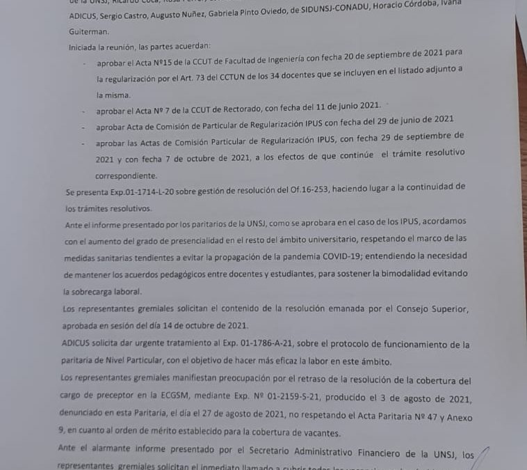 PARITARIA LOCAL: CONTINÚA EL PROCESO DE REGULARIZACIÓN DE DOCENTES DE LA UNSJ