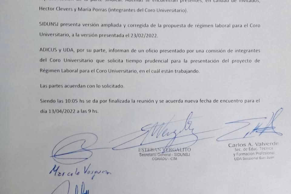 PARITARIA LOCAL: AVANZA LA COMISIÓN DE RÉGIMEN LABORAL PARA EL CORO UNIVERSITARIO