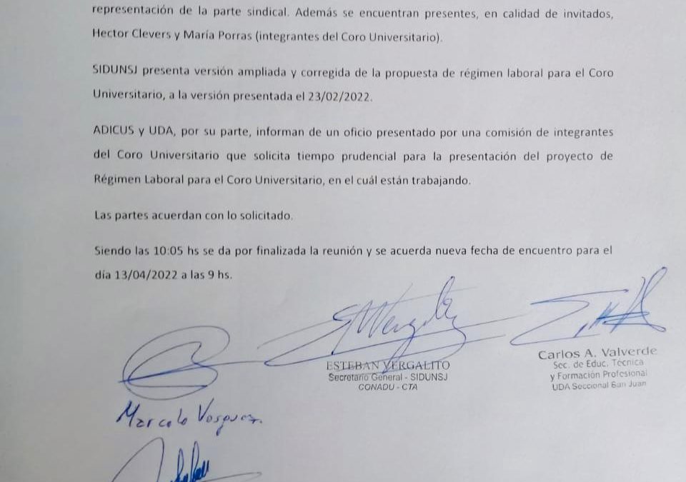 PARITARIA LOCAL: AVANZA LA COMISIÓN DE RÉGIMEN LABORAL PARA EL CORO UNIVERSITARIO