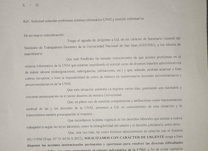 FALLAS EN EL SISTEMA INFORMÁTICO DE LA UNSJ: SIDUNSJ PIDIÓ SOLUCIÓN URGENTE AL RECTOR