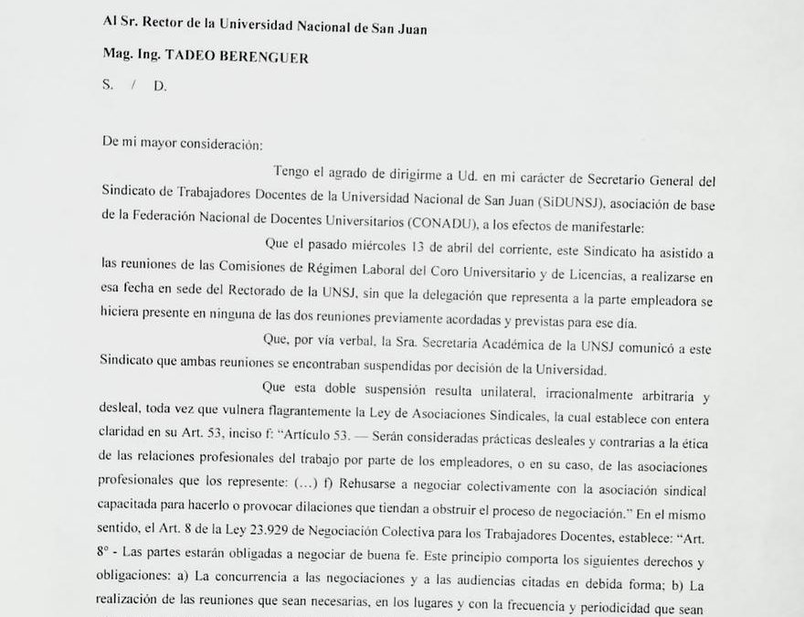 SiDUNSJ FORMALIZÓ ANTE LA UNSJ LA DENUNCIA DE LA SUSPENSIÓN UNILATERAL DE LAS COMISIONES PARITARIAS