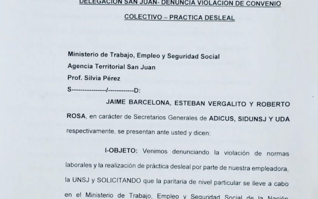 LOS GREMIOS DOCENTES DENUNCIARON DESLEALTAD PATRONAL ANTE EL MINISTERIO DE TRABAJO