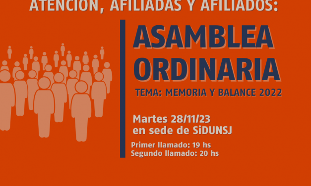 Atención Afiliados y Afiliadas: PRÓXIMA ASAMBLEA ORDINARIA