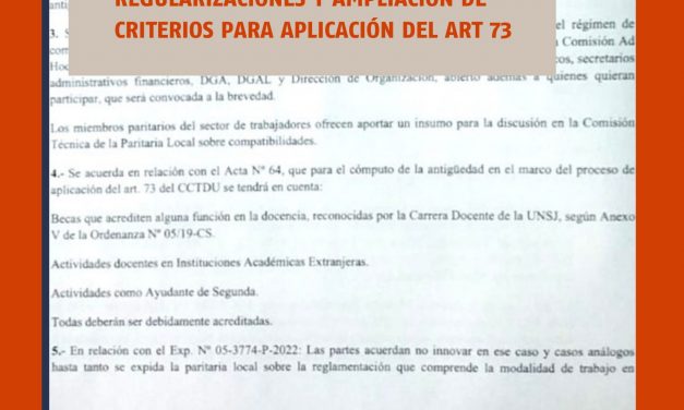 PARITARIA LOCAL: REGULARIZACIONES Y AMPLIACIÓN DE CRITERIOS PARA APLICACIÓN DEL ART 73