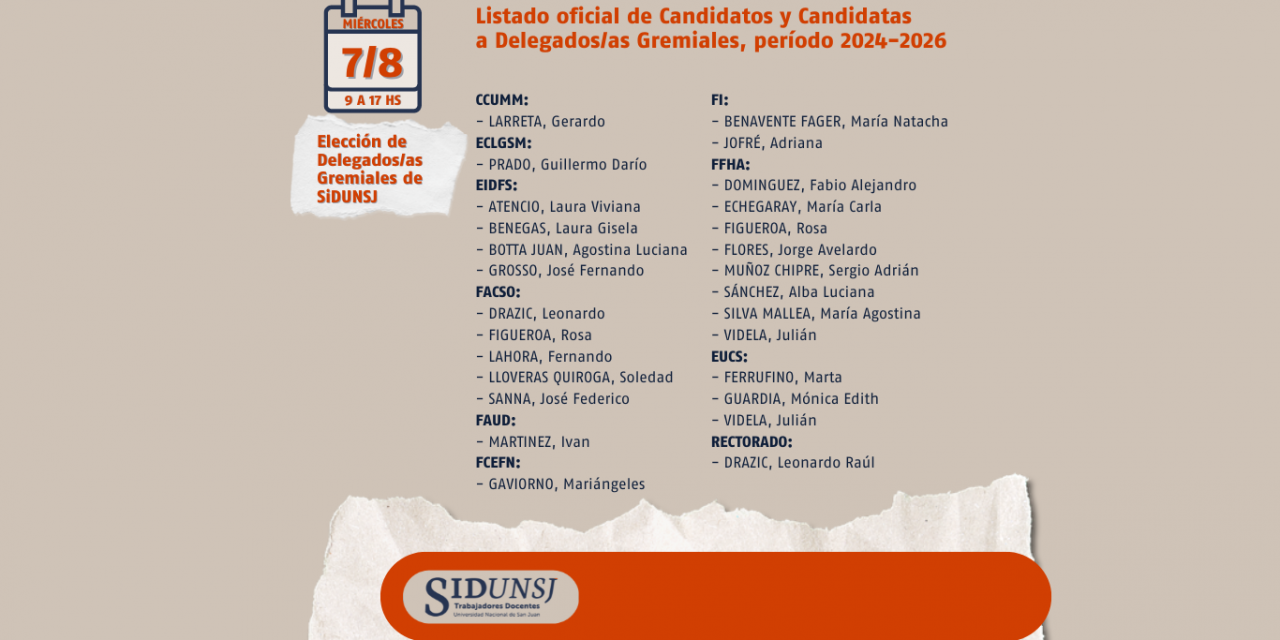 Listado oficial de Candidatos y Candidatas a Delegados/as Gremiales